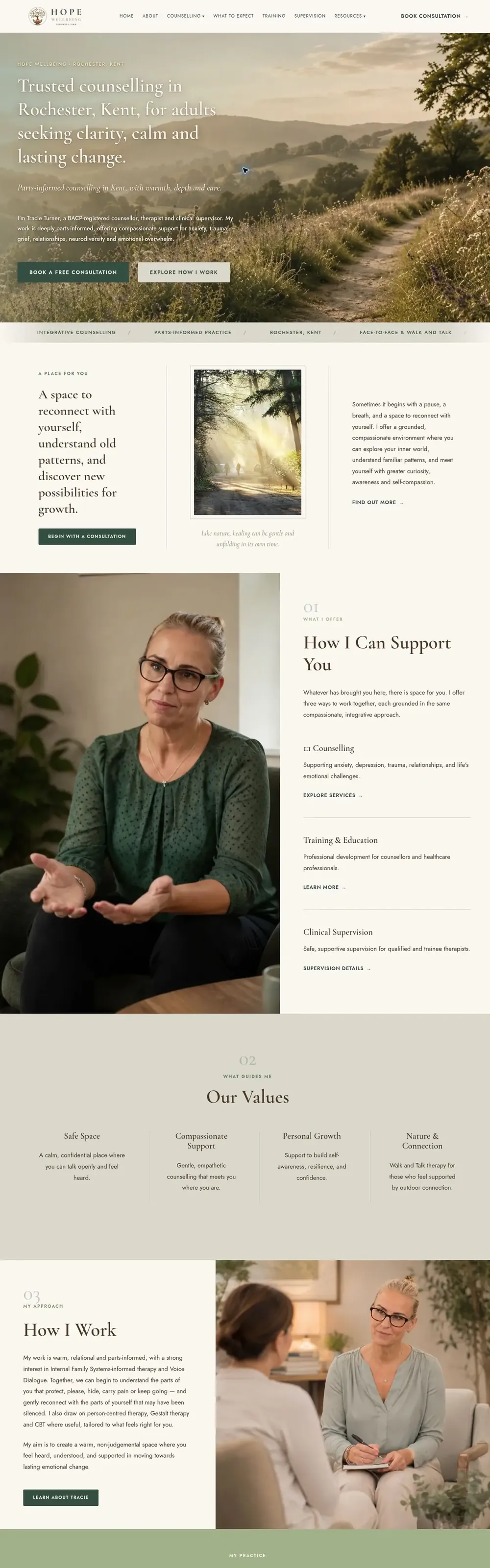 Hope Wellbeing website pages: home, about, counselling, what to expect and contact (page 3)