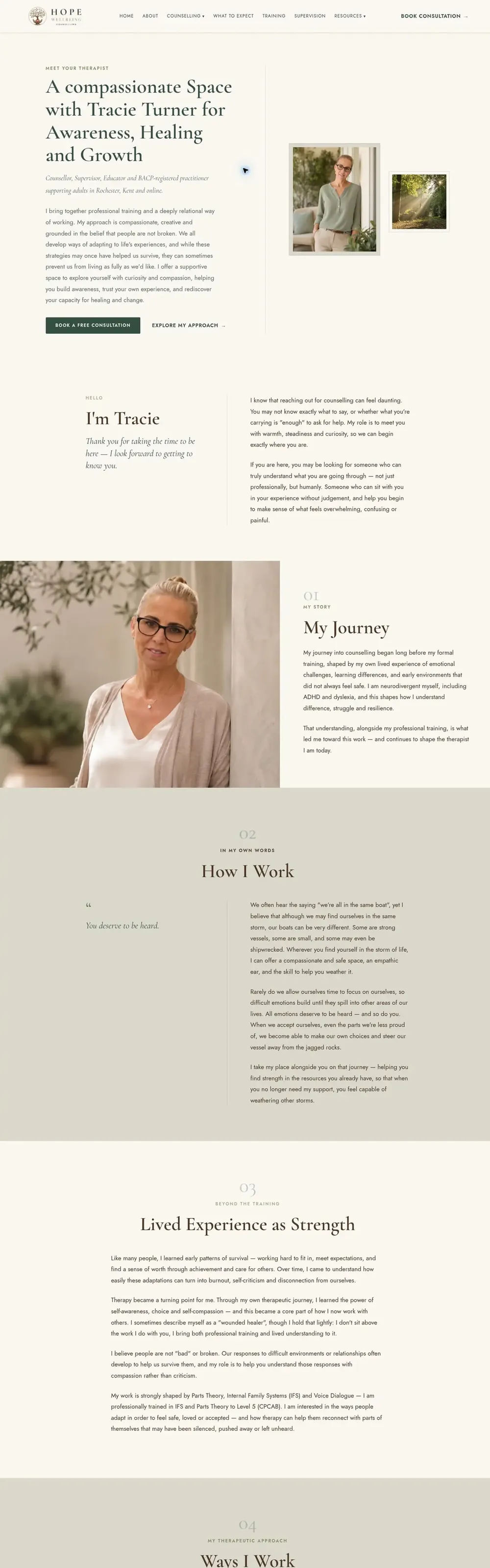 Hope Wellbeing website pages: home, about, counselling, what to expect and contact (page 2)