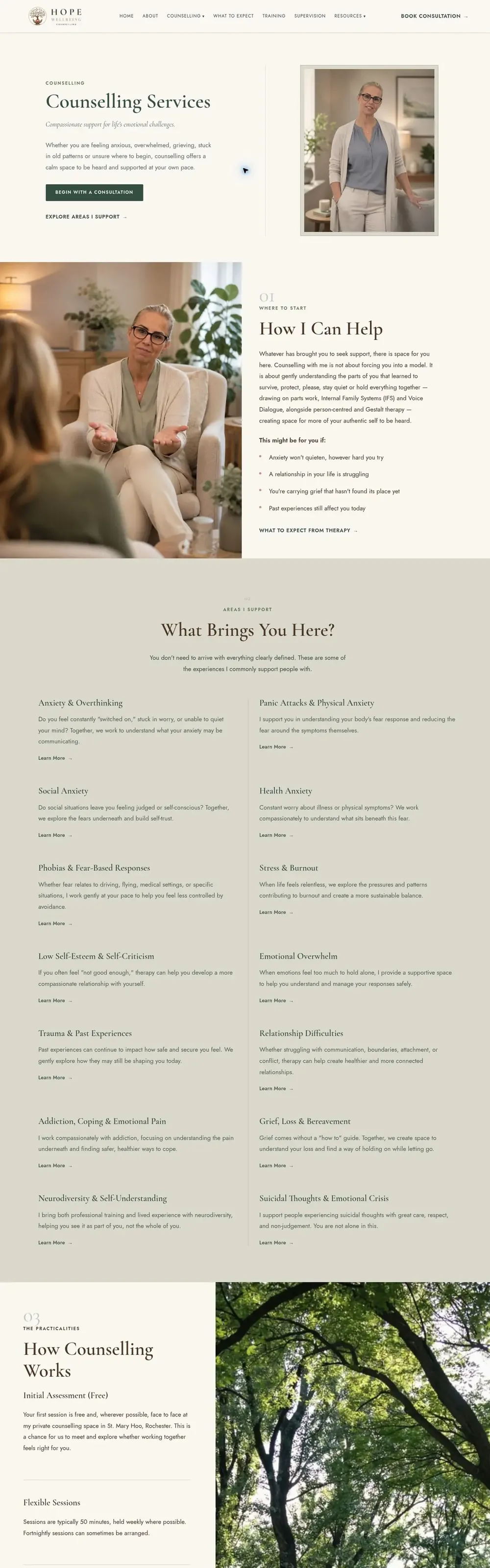 Hope Wellbeing website pages: home, about, counselling, what to expect and contact (page 1)