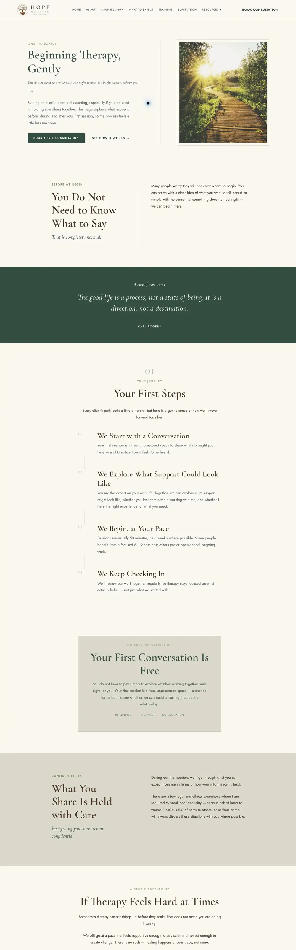 Hope Wellbeing website pages: home, about, counselling, what to expect and contact (page 4)