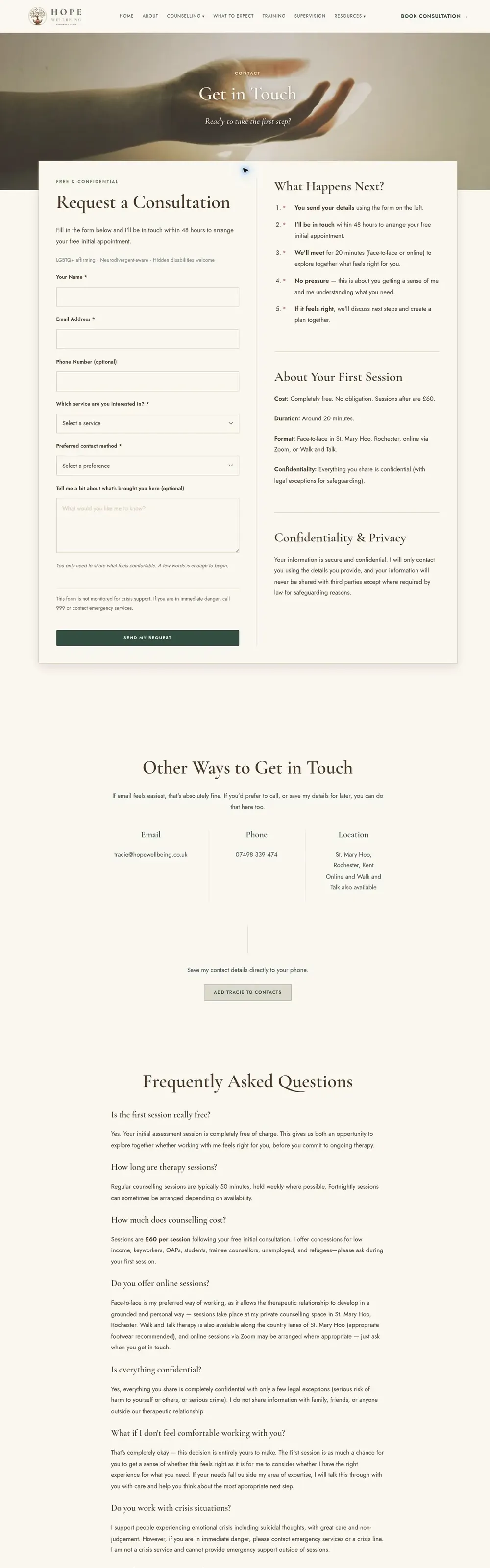 Hope Wellbeing website pages: home, about, counselling, what to expect and contact (page 5)