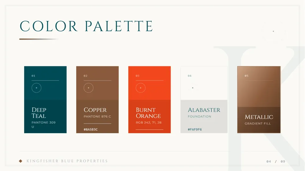Kingfisher Blue Properties brand guidelines pages fanned out (page 1)