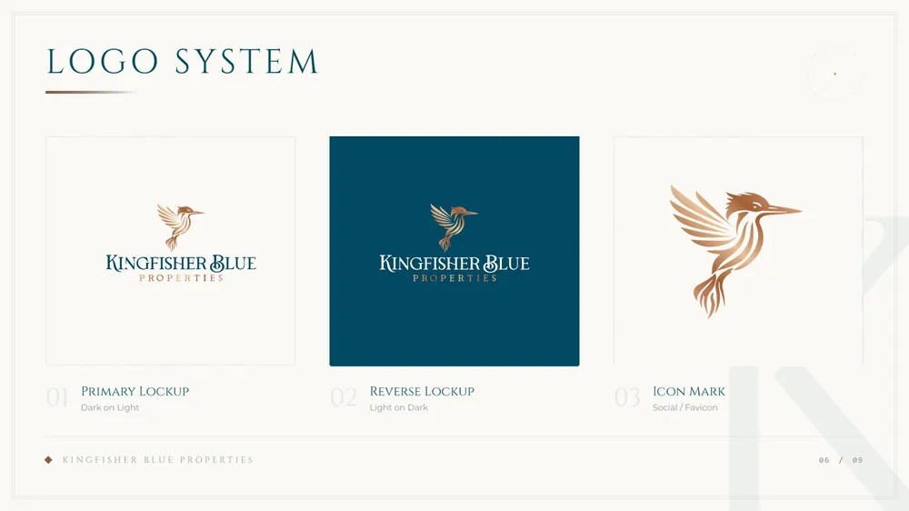 Kingfisher Blue Properties brand guidelines pages fanned out (page 5)