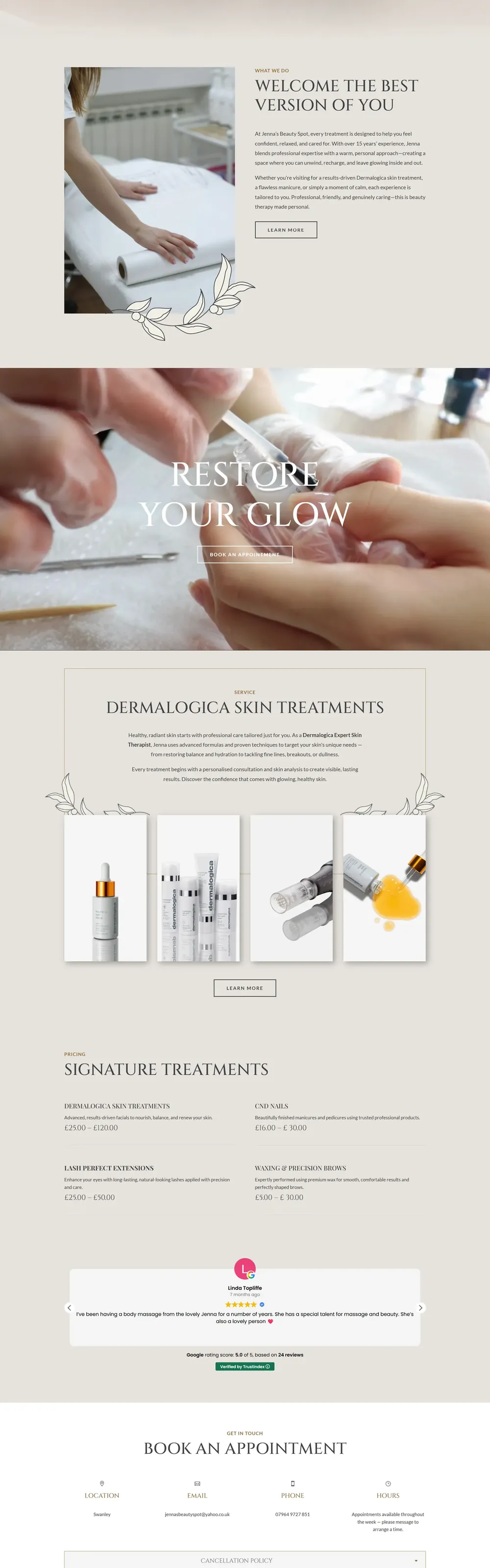 Jenna's Beauty Spot website pages: home, facials, massage, waxing and about (page 2)
