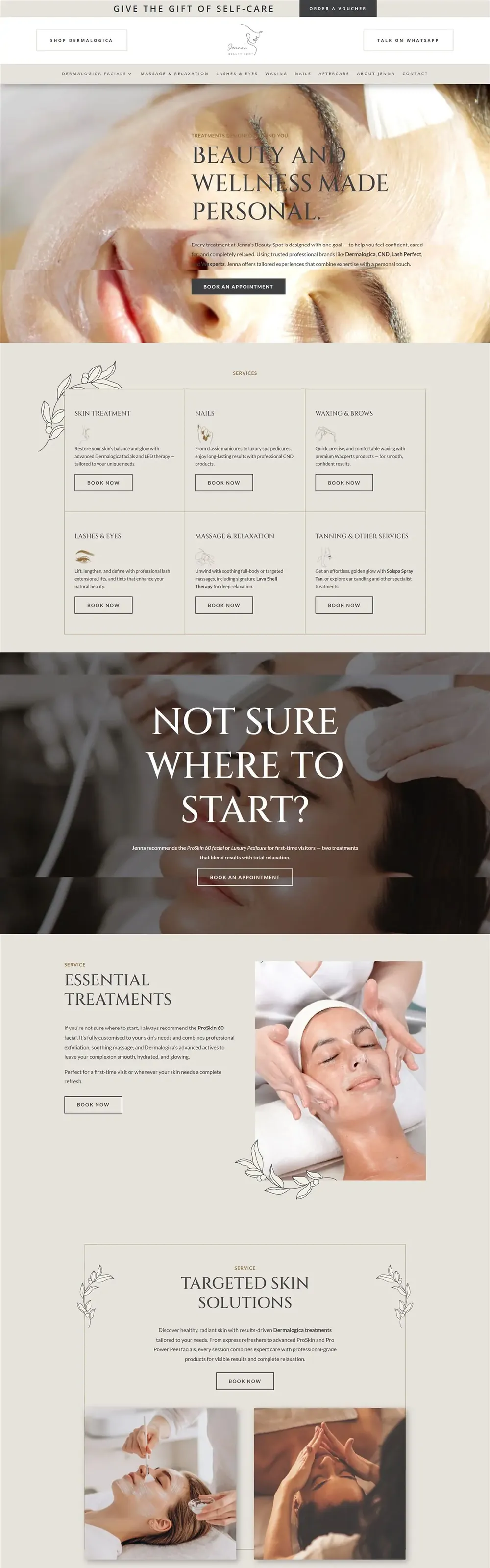 Jenna's Beauty Spot website pages: home, facials, massage, waxing and about (page 3)