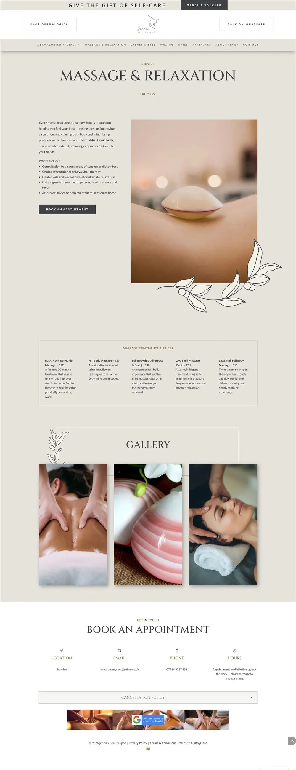 Jenna's Beauty Spot website pages: home, facials, massage, waxing and about (page 1)