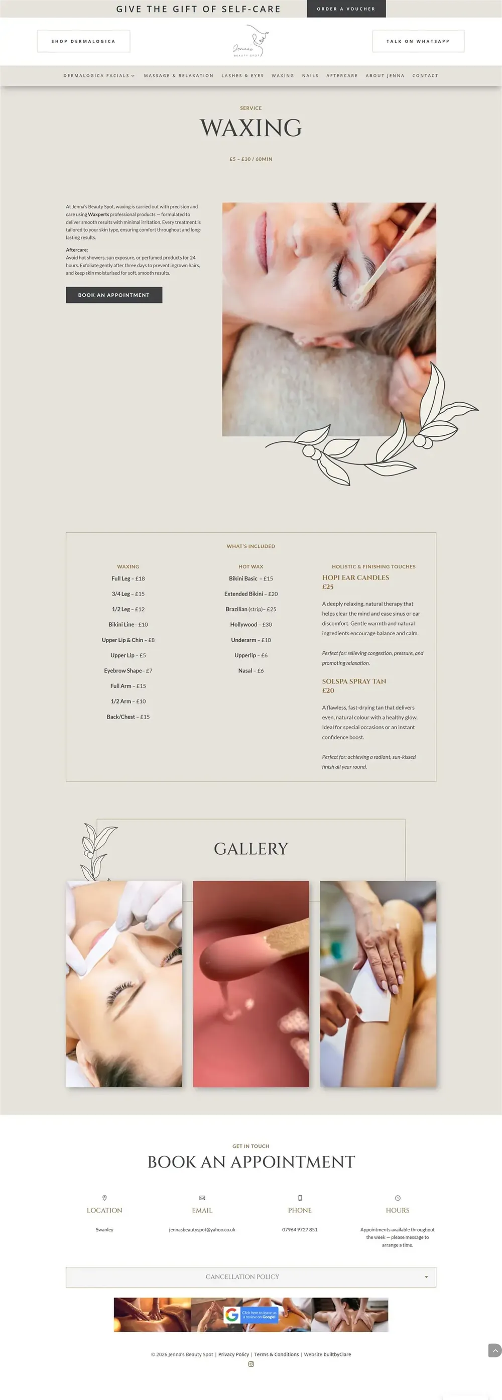 Jenna's Beauty Spot website pages: home, facials, massage, waxing and about (page 4)