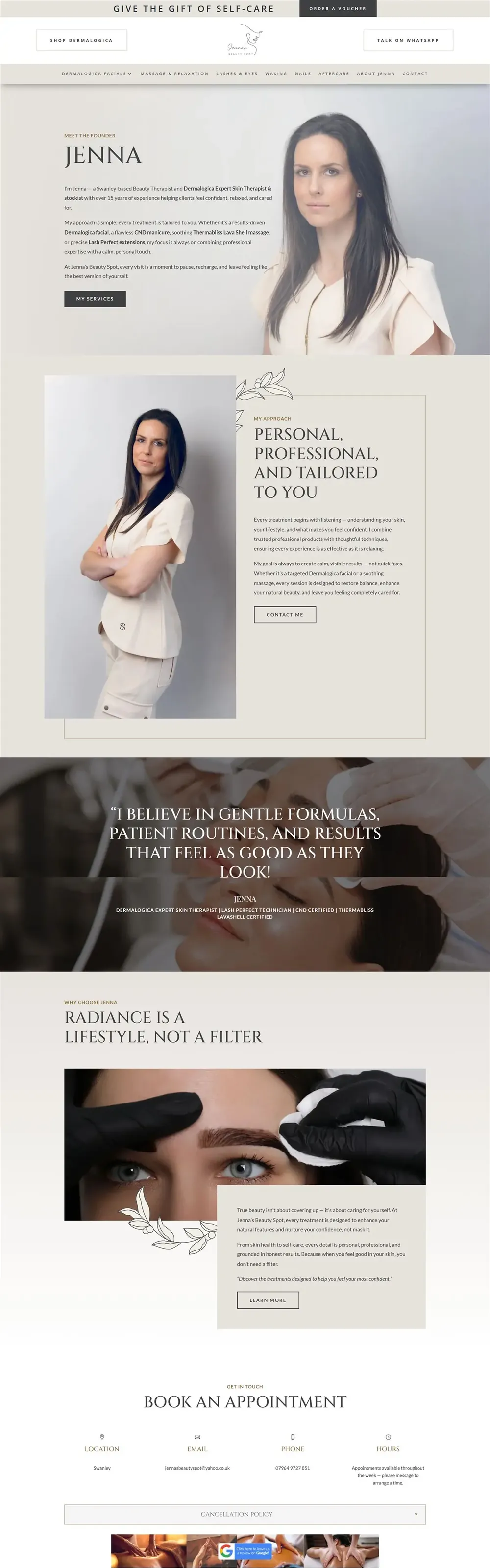 Jenna's Beauty Spot website pages: home, facials, massage, waxing and about (page 5)
