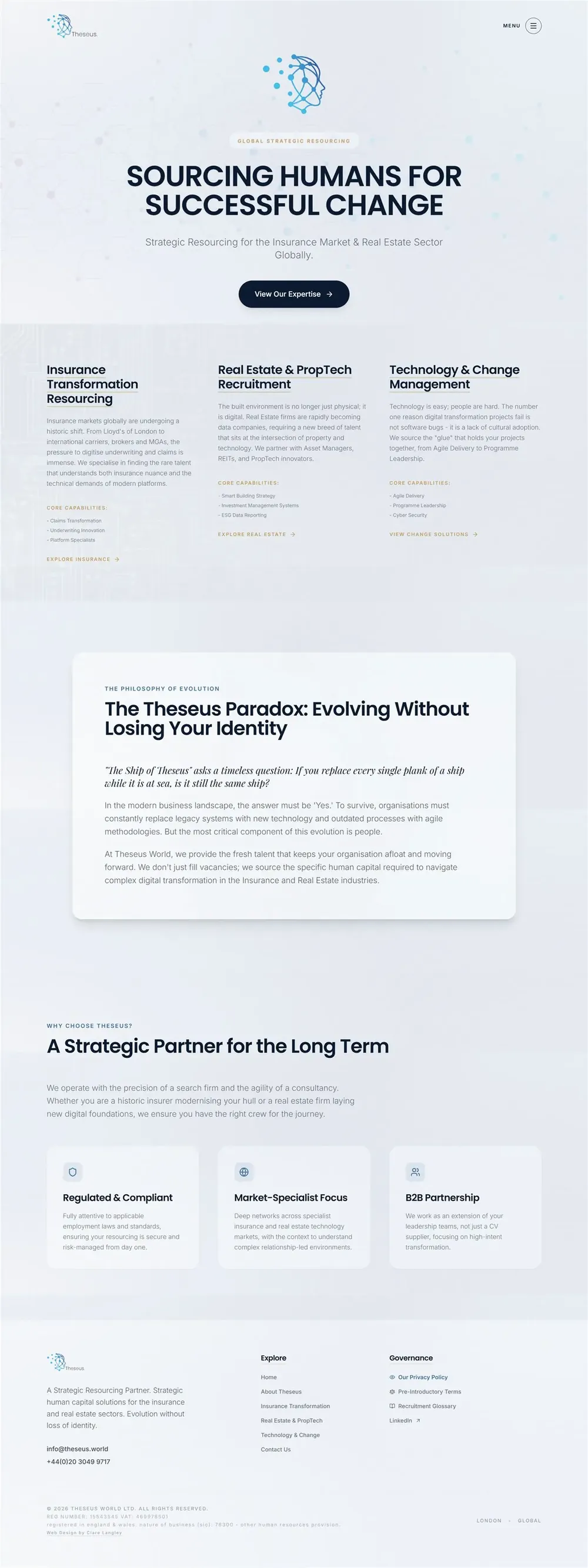 Theseus World website pages: insurance, about, home, real estate and technology (page 3)
