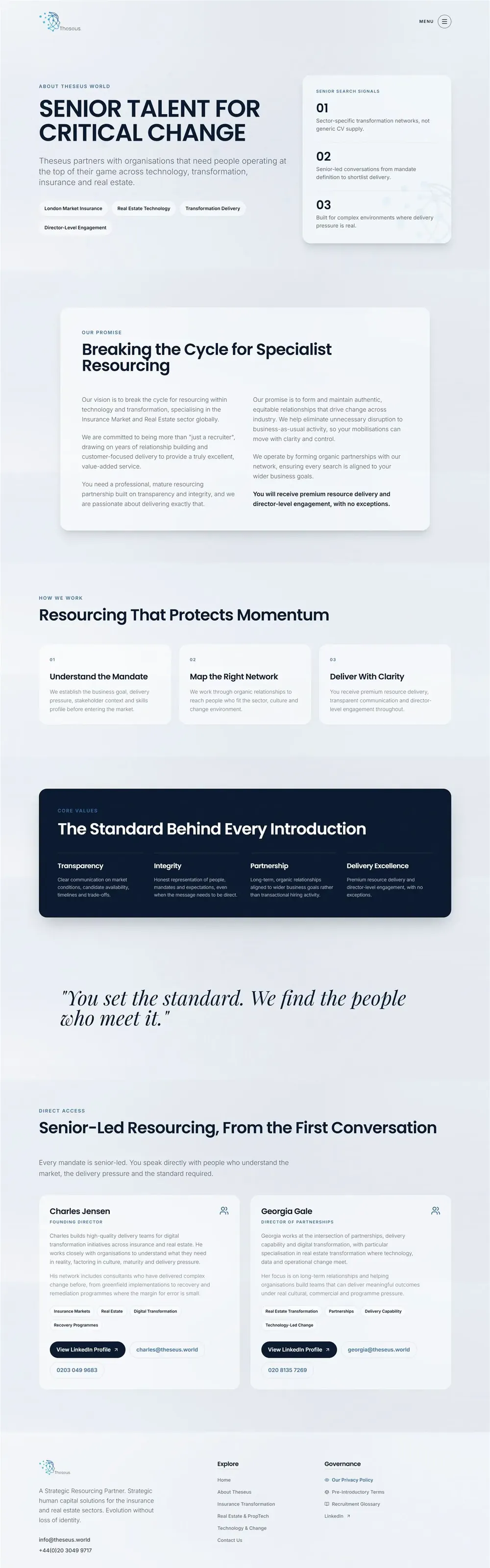 Theseus World website pages: insurance, about, home, real estate and technology (page 2)