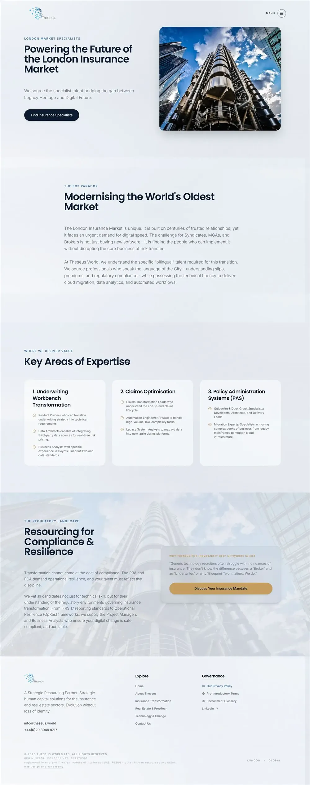 Theseus World website pages: insurance, about, home, real estate and technology (page 1)
