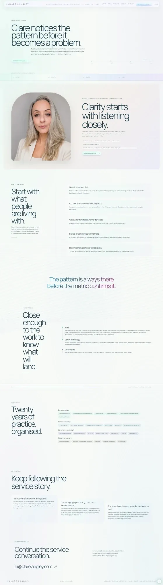 clarelangley.com pages: career, about, expertise, evidence and connect (page 2)