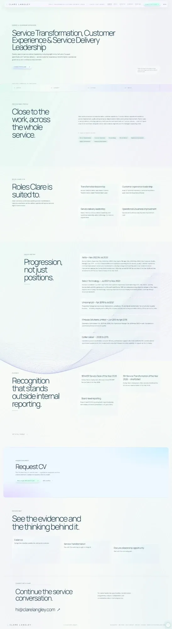 clarelangley.com pages: career, about, expertise, evidence and connect (page 1)