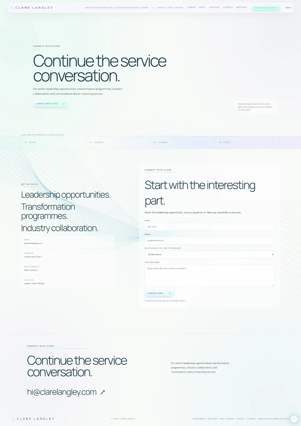 clarelangley.com pages: career, about, expertise, evidence and connect (page 5)