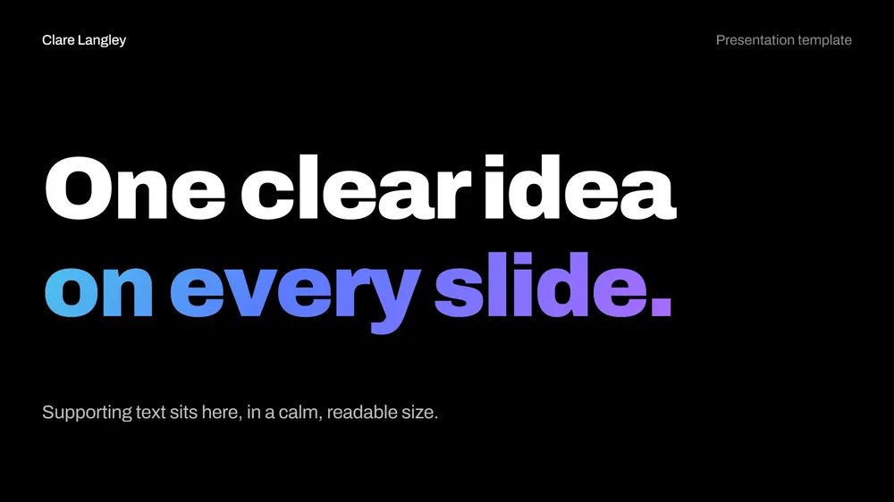 A branded slide deck template: title, section, statement, columns, key message and closing slides (page 4)