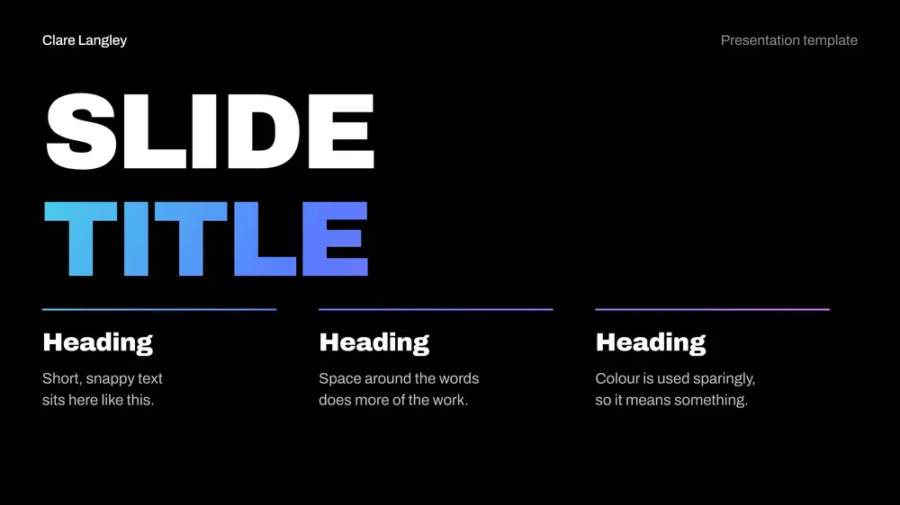 A branded slide deck template: title, section, statement, columns, key message and closing slides (page 1)