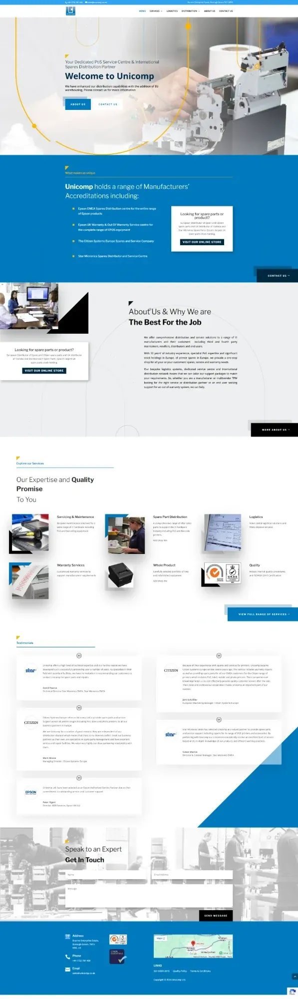 Unicomp website pages: services, about, home, distribution and logistics (page 3)