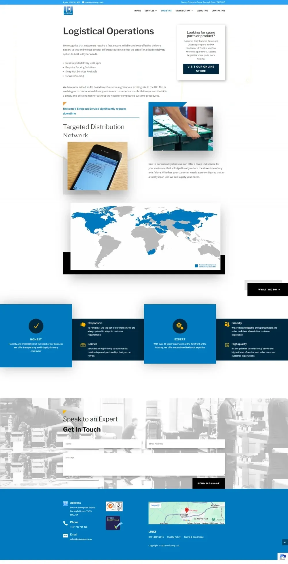 Unicomp website pages: services, about, home, distribution and logistics (page 5)