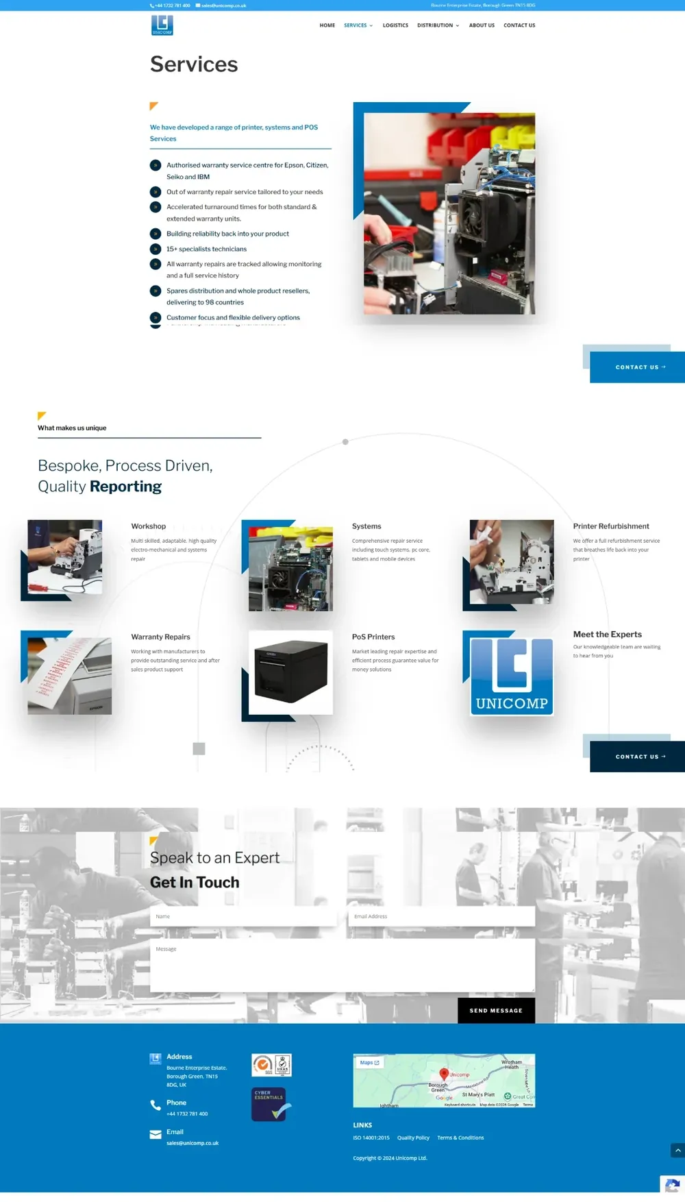 Unicomp website pages: services, about, home, distribution and logistics (page 1)