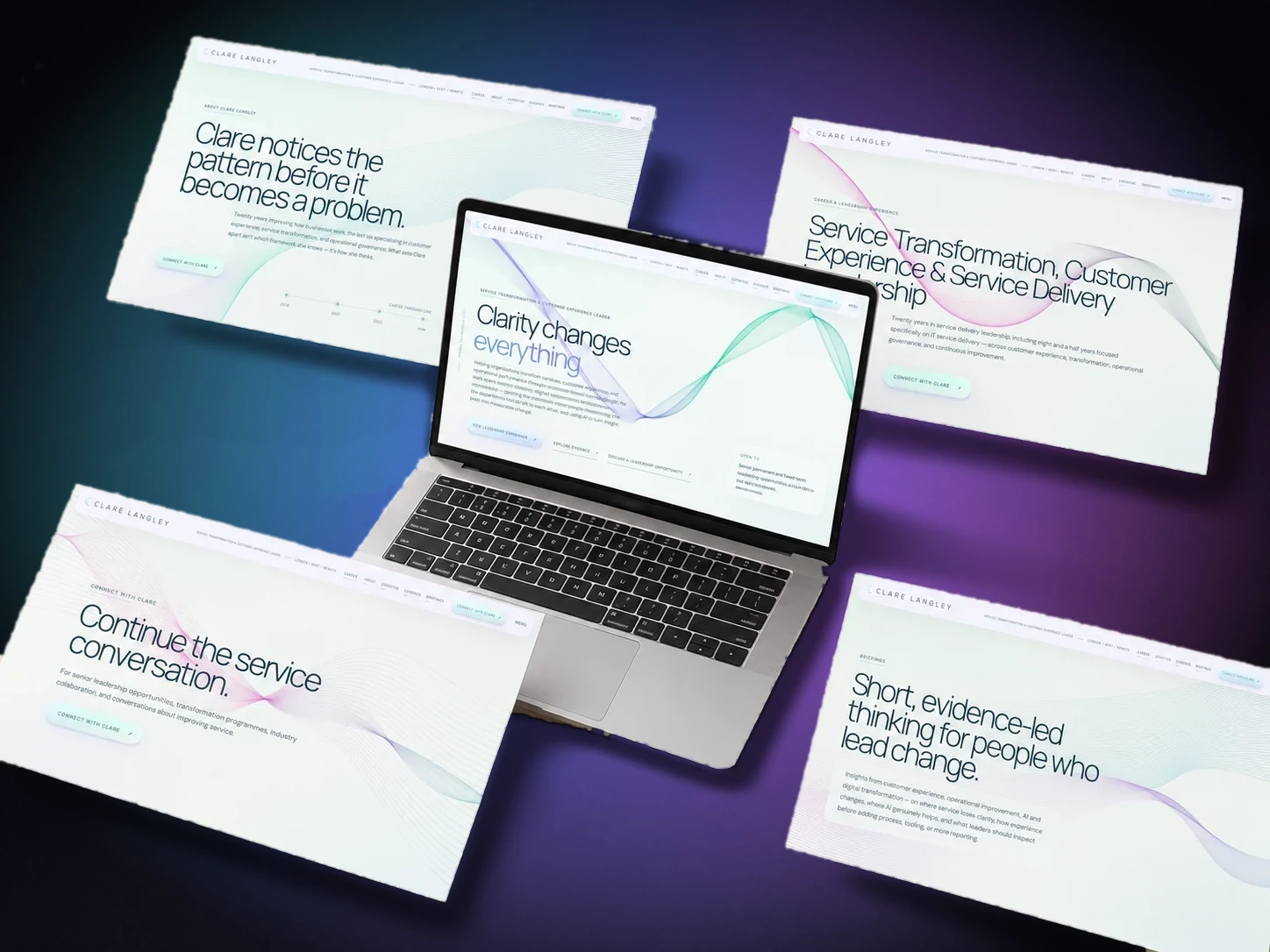 clarelangley.com pages laid out around a laptop: home, about, career, connect and briefings
