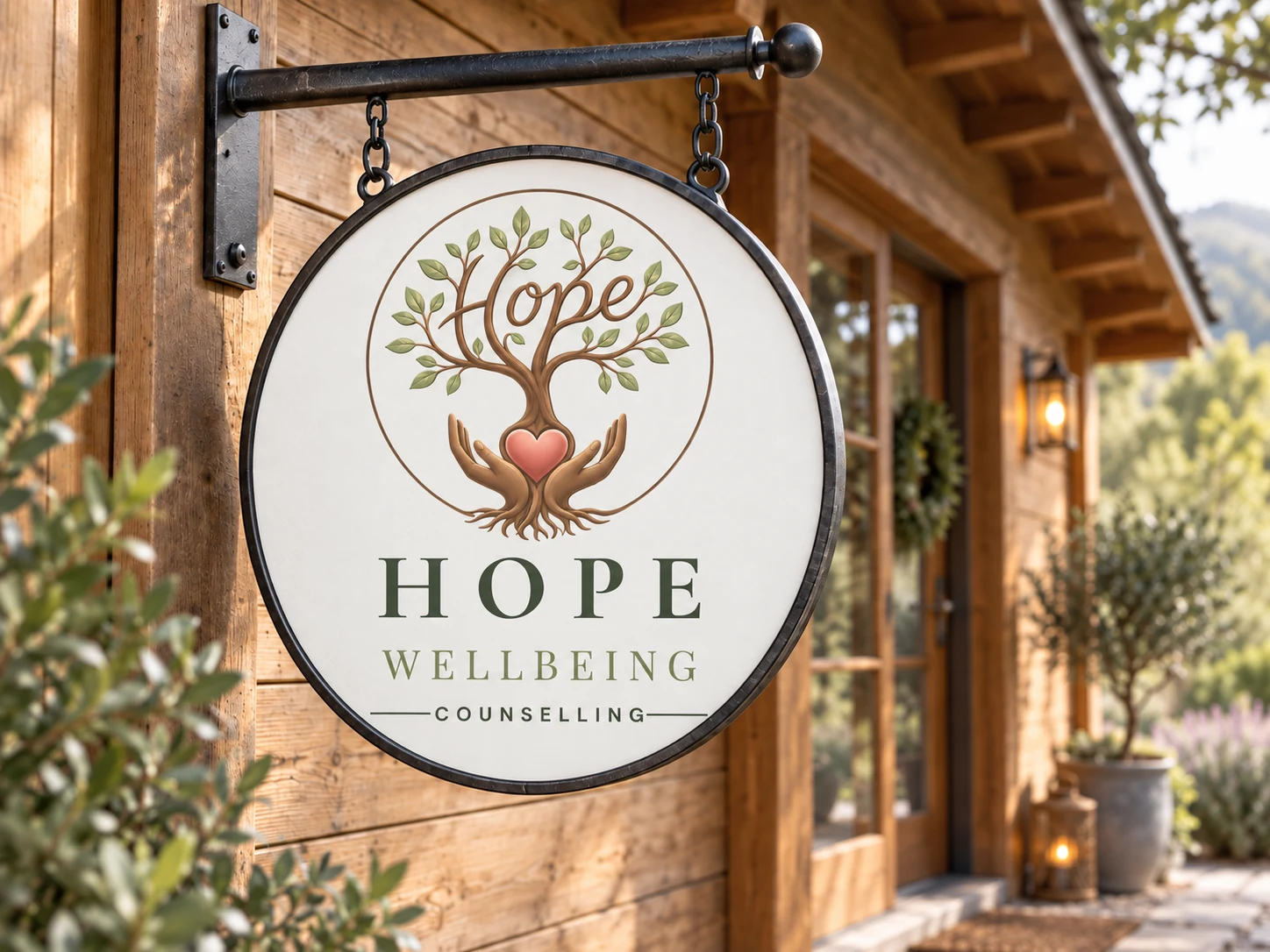 The Hope Wellbeing Counselling logo on a round hanging sign outside a timber-framed building