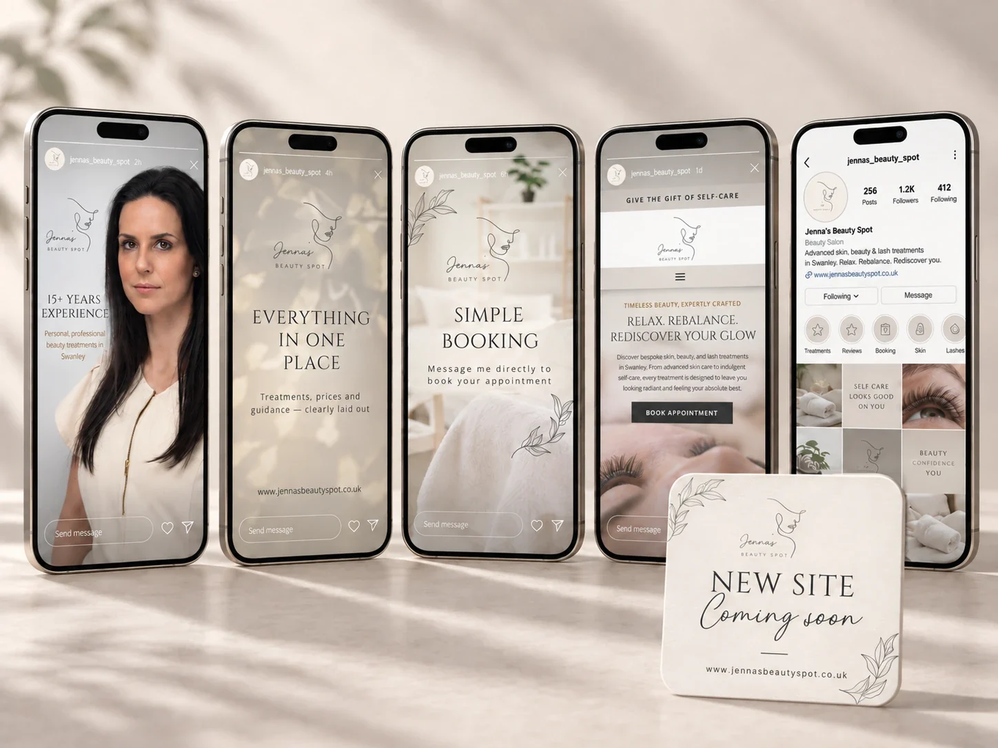 Jenna's Beauty Spot Instagram launch stories and profile on phones, with a New site coming soon card
