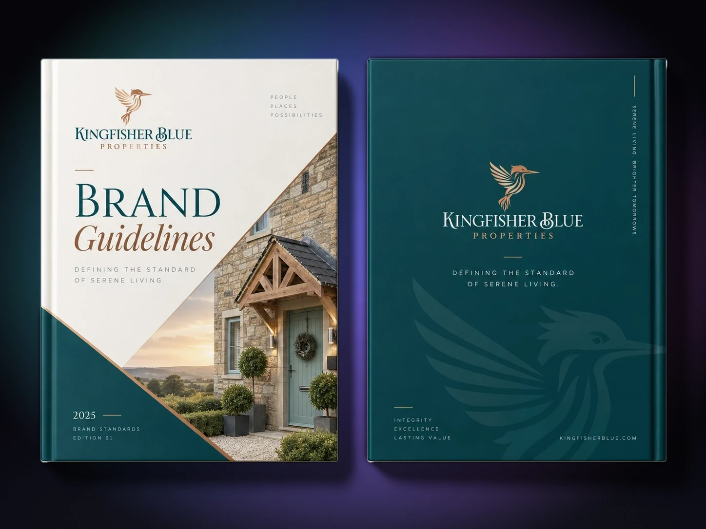 The Kingfisher Blue Properties brand guidelines as a printed hardback book, front and back covers