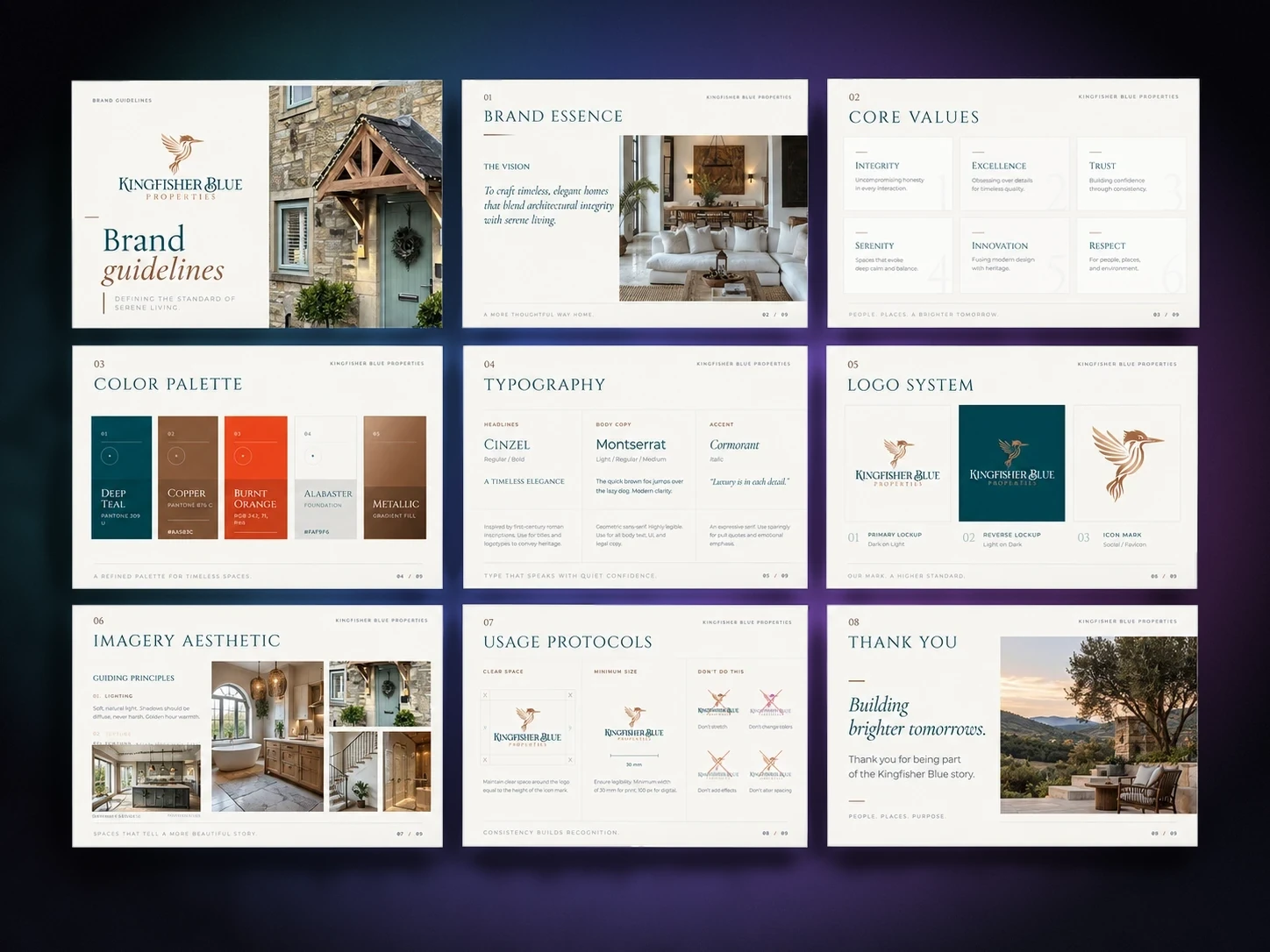 The Kingfisher Blue Properties brand guidelines: nine pages from cover to thank-you