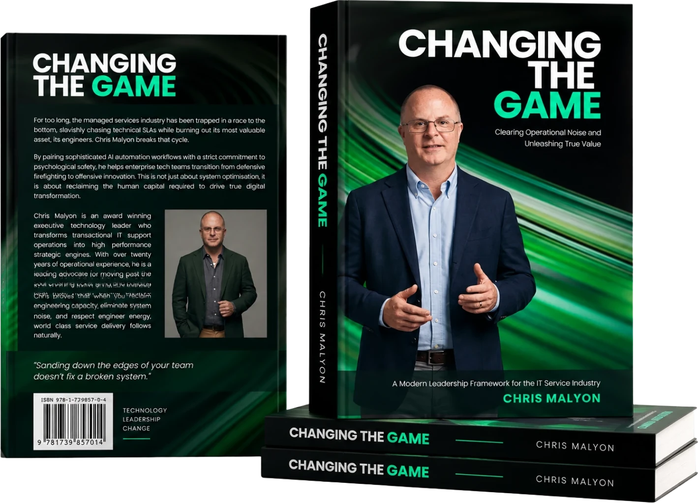 The Changing the Game book by Chris Malyon: the back cover, the front cover and a stack of hardbacks showing the spine