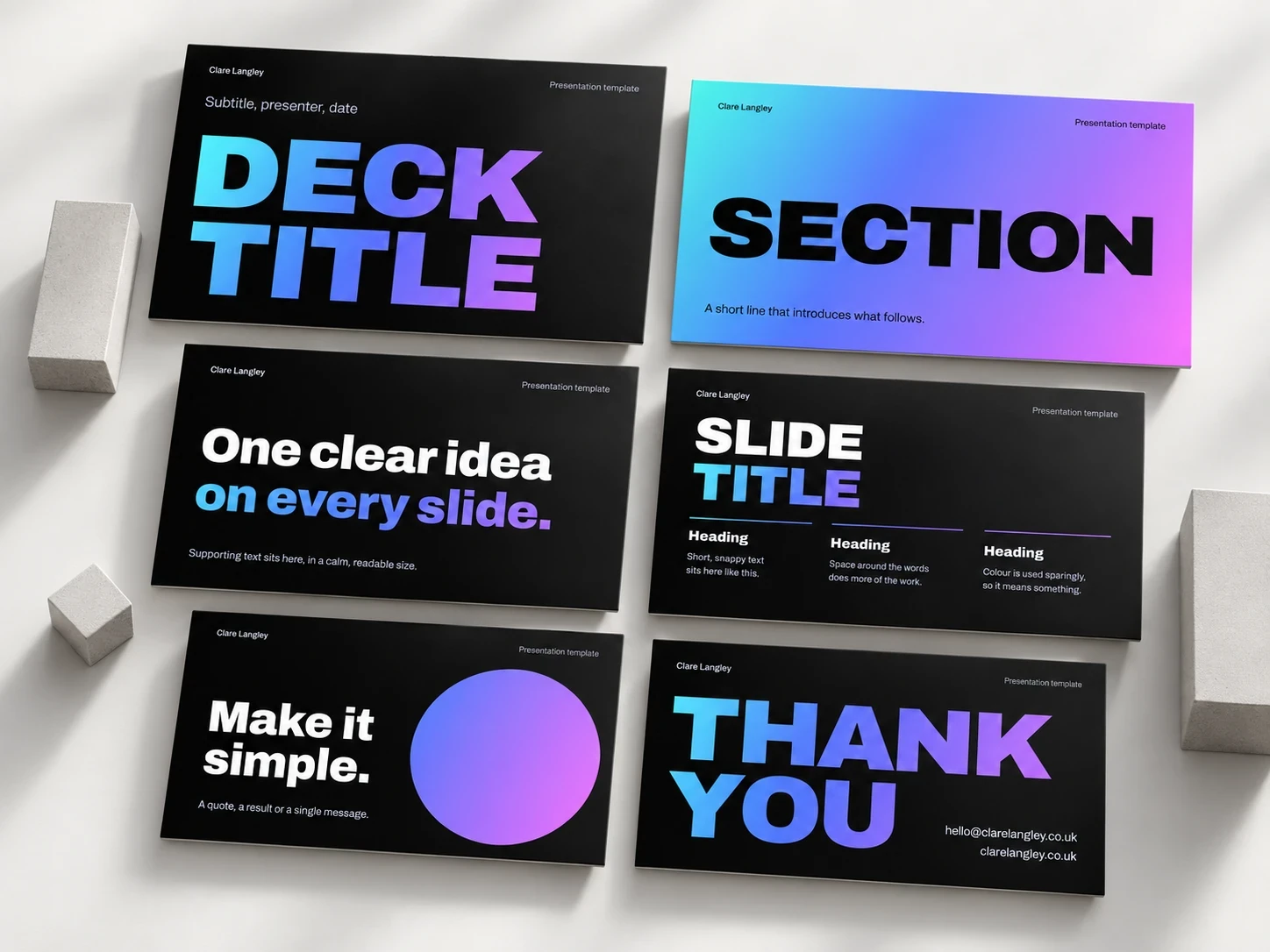 Six slides from the branded deck template laid out as printed cards: title, section, statement, columns, key message and thank you