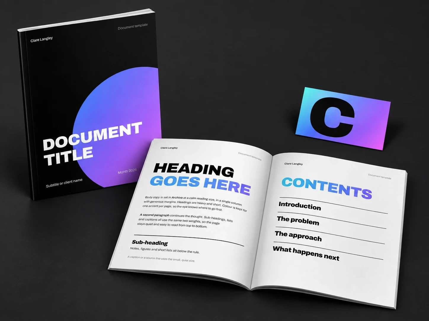 A branded report: the closed cover, an open spread with a report page and a contents page, and a business card