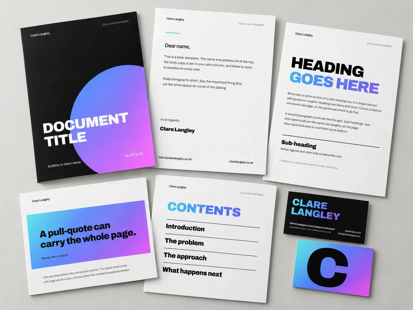 The branded document template laid out flat: cover, letter, report page, pull-quote page, contents page and business cards