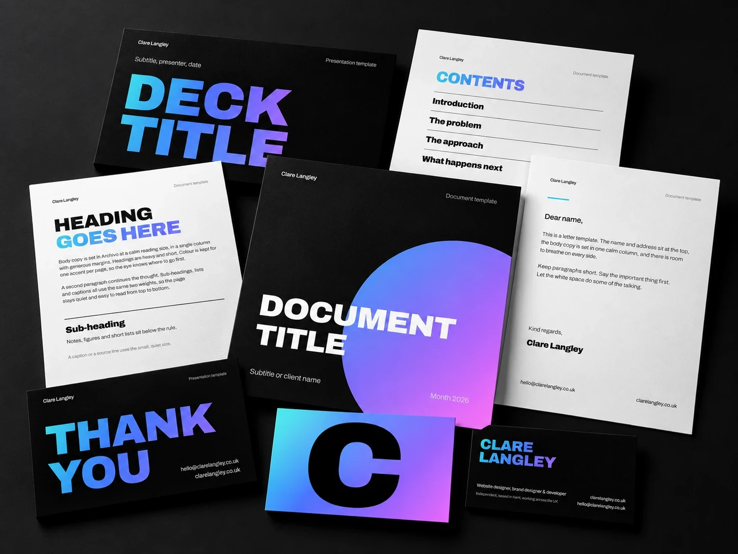 The Clare Langley studio set: slide deck slides, report and letter pages, contents page and business cards laid out together