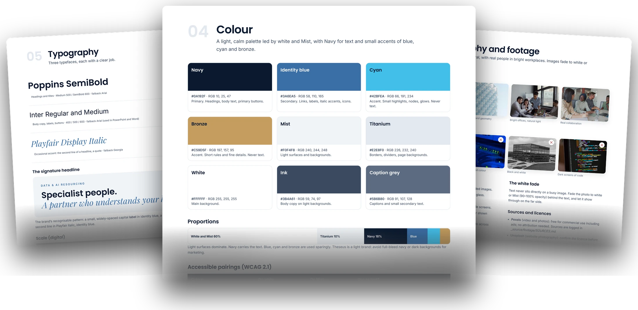 Theseus brand guidelines, version 2: the colour page in front of the typography and photography pages