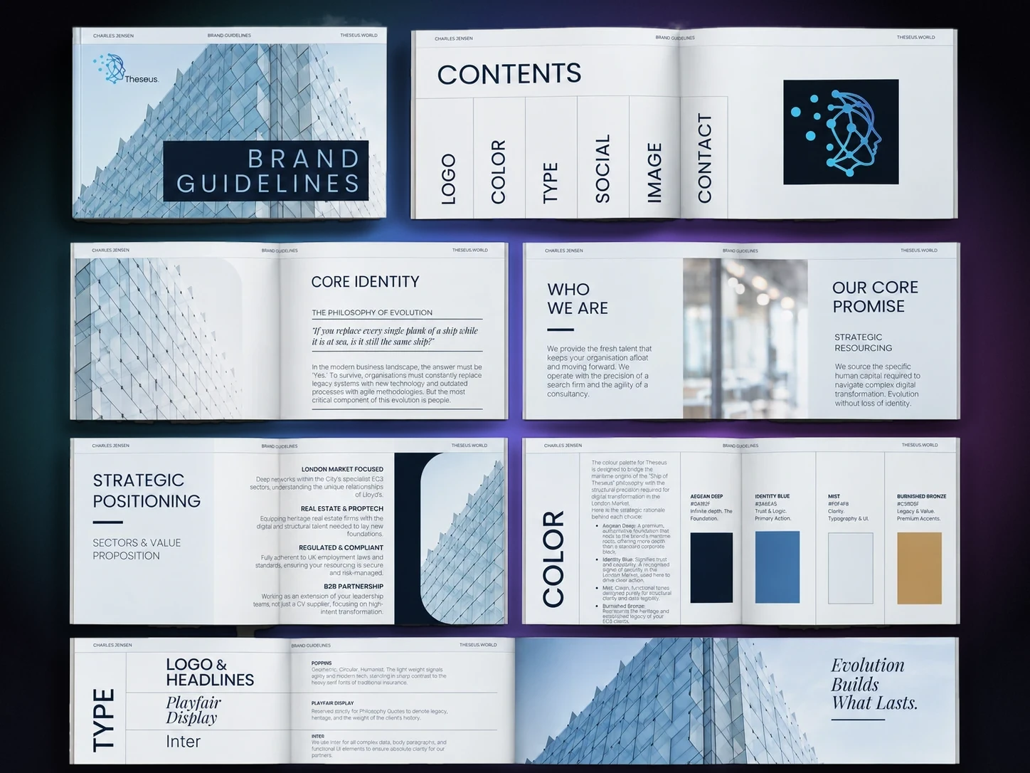The Theseus brand guidelines booklet: cover, contents, core identity, strategic positioning, colour and type spreads