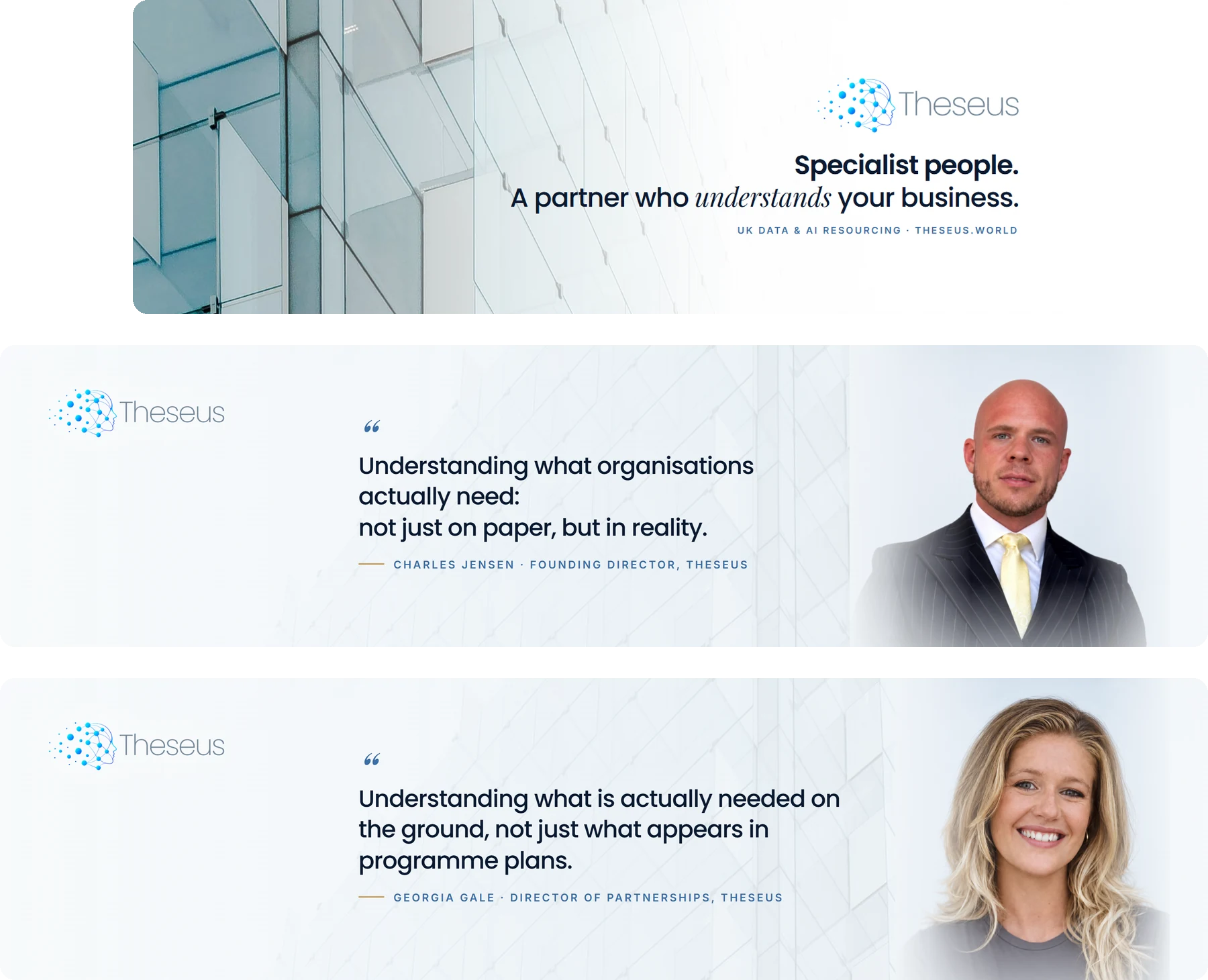 Theseus profile banners: the brand header above LinkedIn banners for directors Charles Jensen and Georgia Gale