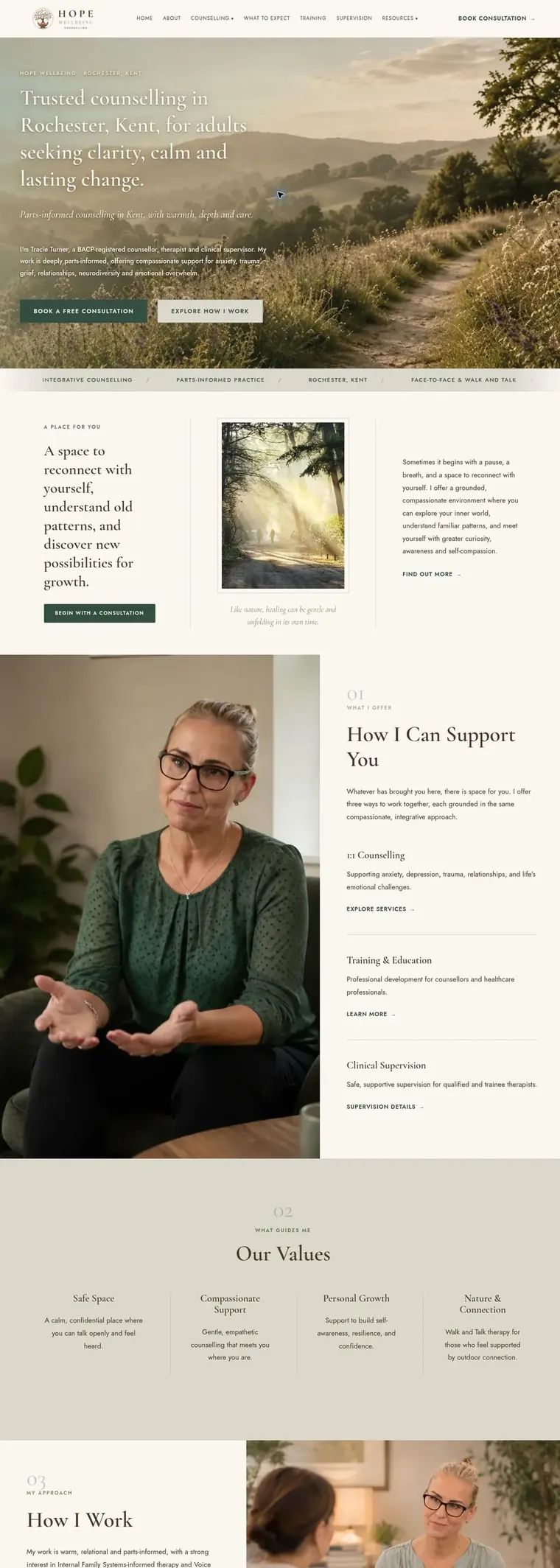 Hope Wellbeing website pages: home, about, counselling, what to expect and contact (page 3)
