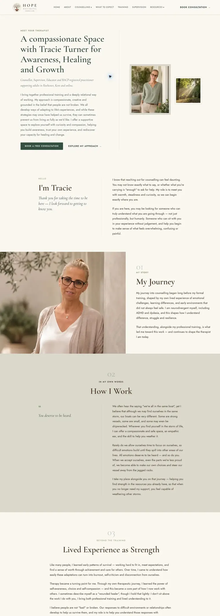 Hope Wellbeing website pages: home, about, counselling, what to expect and contact (page 2)