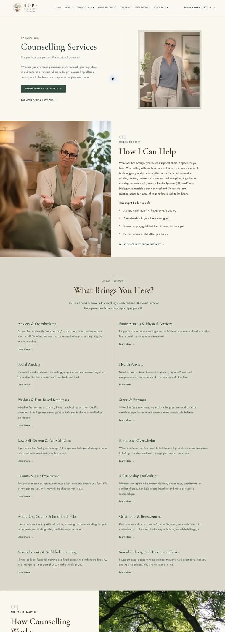 Hope Wellbeing website pages: home, about, counselling, what to expect and contact (page 1)