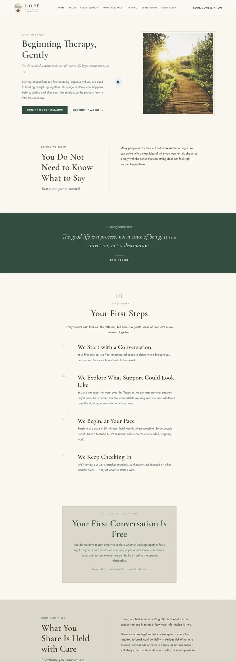 Hope Wellbeing website pages: home, about, counselling, what to expect and contact (page 4)