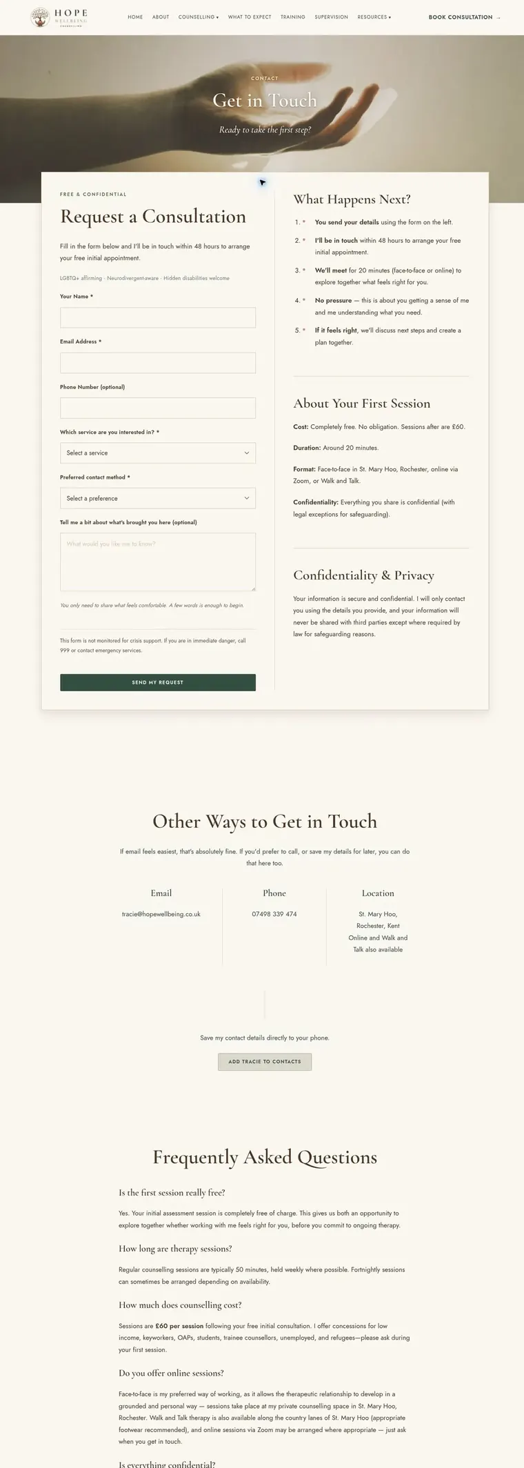 Hope Wellbeing website pages: home, about, counselling, what to expect and contact (page 5)
