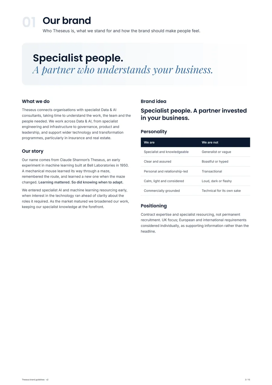 Theseus brand guidelines, version 2, pages fanned out (page 2)