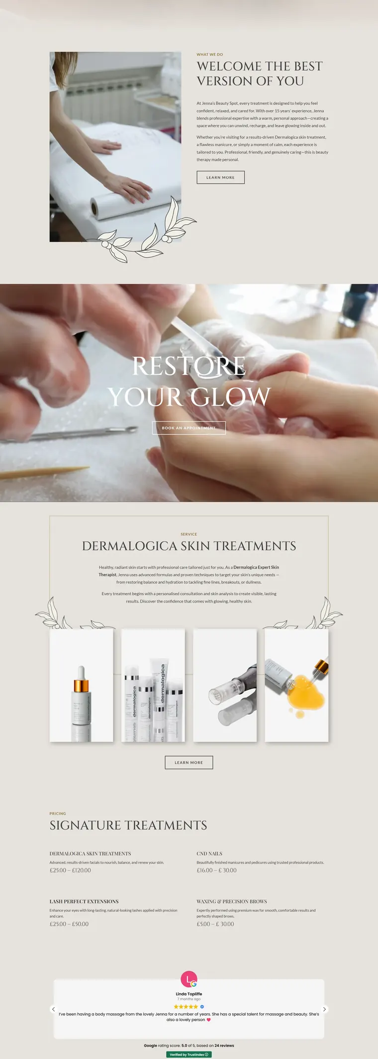 Jenna's Beauty Spot website pages: home, facials, massage, waxing and about (page 2)
