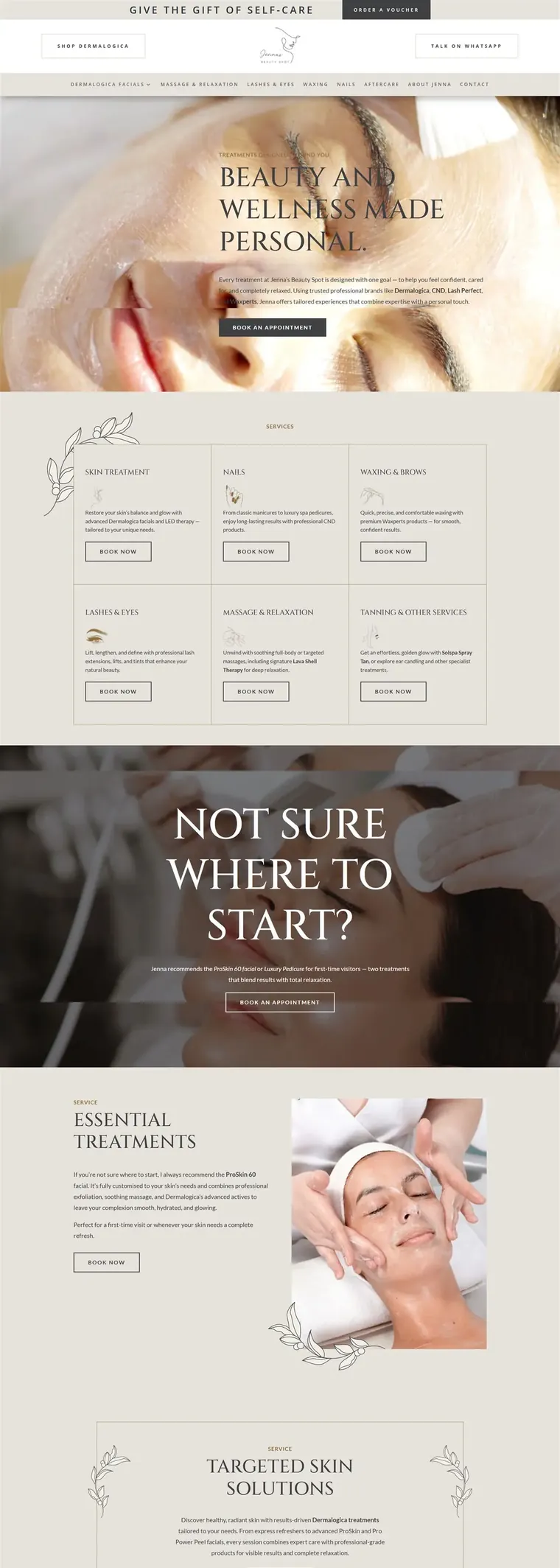 Jenna's Beauty Spot website pages: home, facials, massage, waxing and about (page 3)