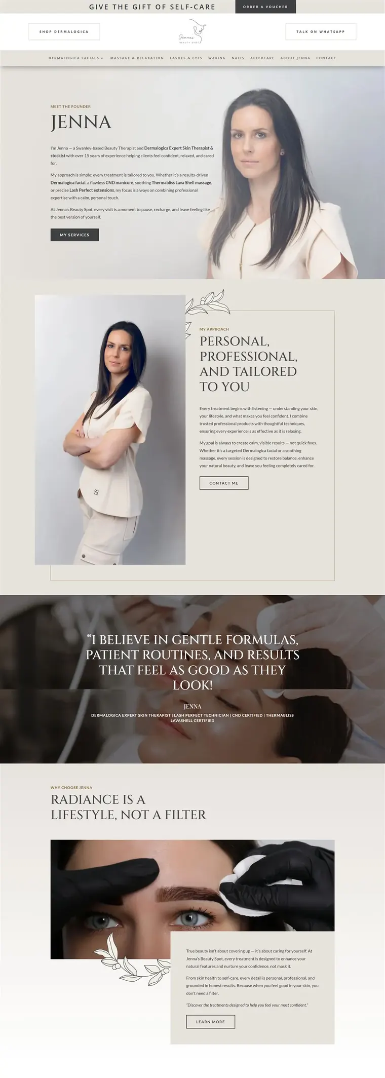 Jenna's Beauty Spot website pages: home, facials, massage, waxing and about (page 5)
