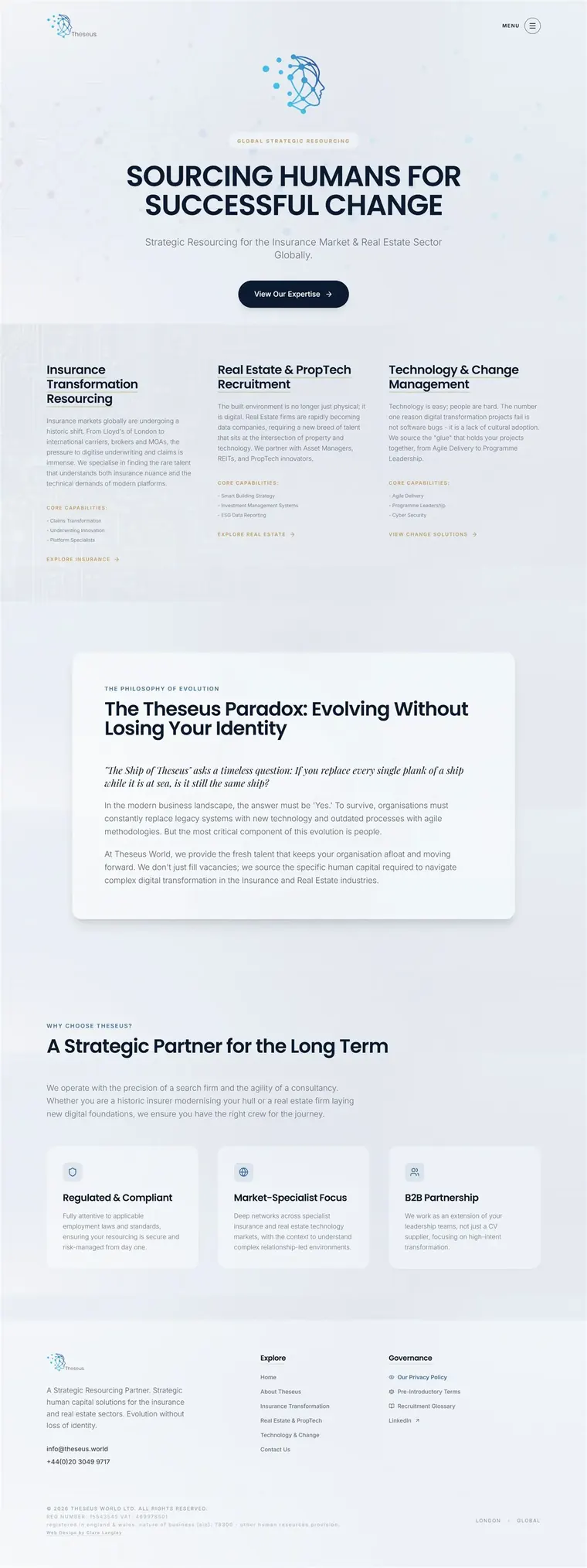 Theseus World website pages: insurance, about, home, real estate and technology (page 3)