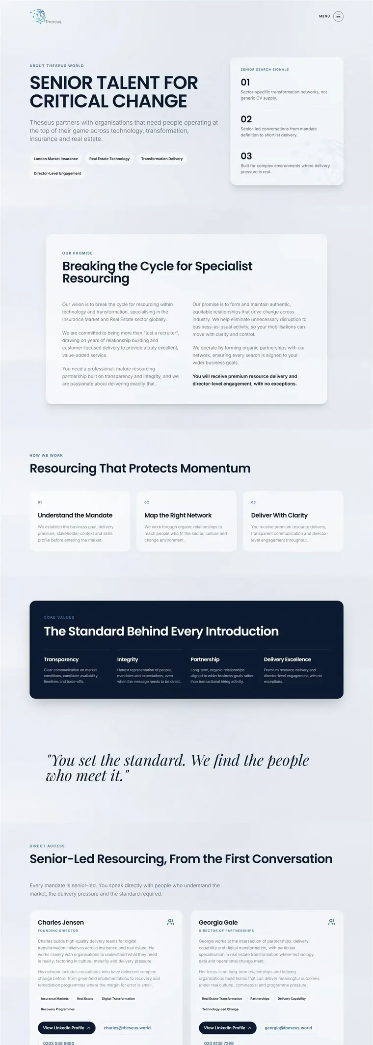 Theseus World website pages: insurance, about, home, real estate and technology (page 2)