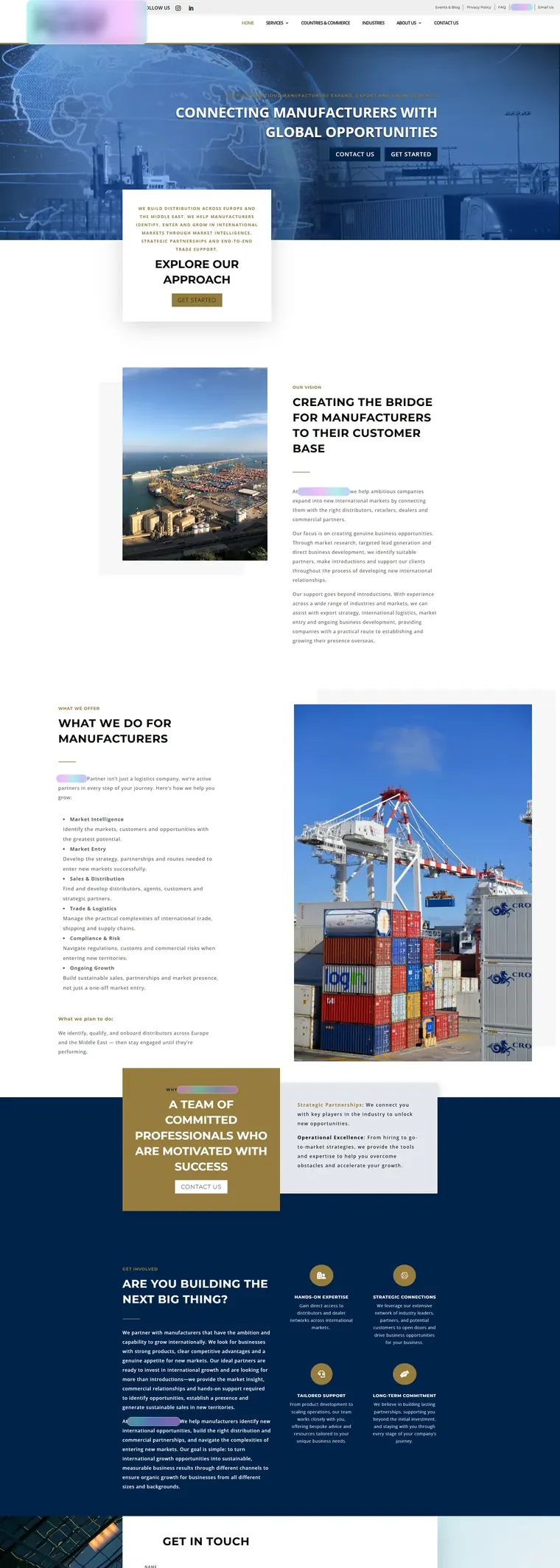 Pages from the advisory website: services, our story, home, countries and industries, with names, logos and contact details frosted over (page 3)