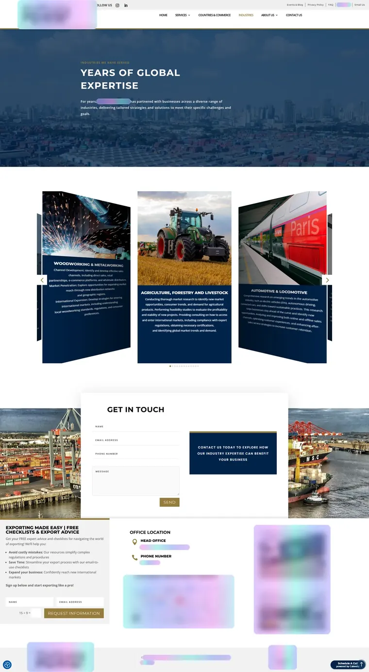 Pages from the advisory website: services, our story, home, countries and industries, with names, logos and contact details frosted over (page 5)