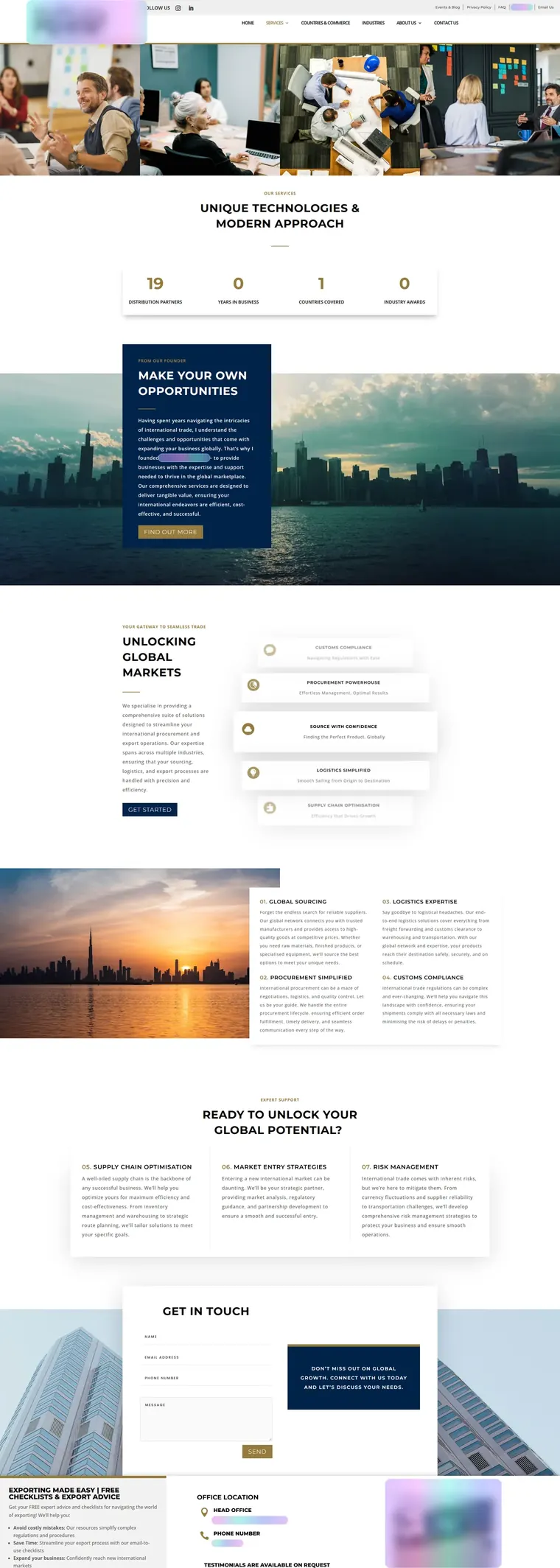 Pages from the advisory website: services, our story, home, countries and industries, with names, logos and contact details frosted over (page 1)